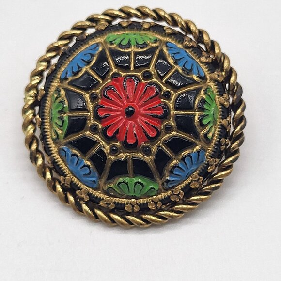 unbranded Jewelry - VTG West Germany Round Colorful Mosaic Painted Brooch Pin Tiny Gold Tone